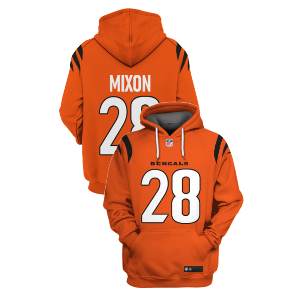 Men's Cincinnati Bengals #28 Joe Mixon 2021 Orange Pullover Hoodie Men's Cincinnati Bengals #28 Joe Mixon 2021 Orange Pullover Hoodie